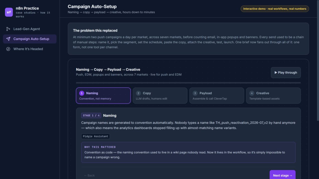 Campaign workflow demo showing naming, copy, payload and creative stages